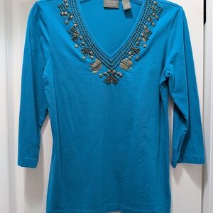 Chico's Teal Embellished V‑Neck Long Sleeve Top